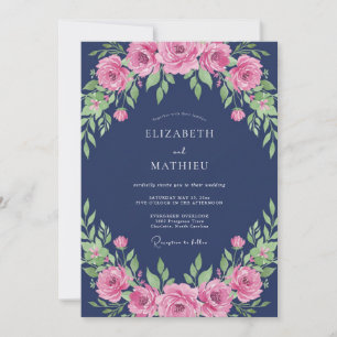 Convites Casamento de Peônia Poética Azul Marinho