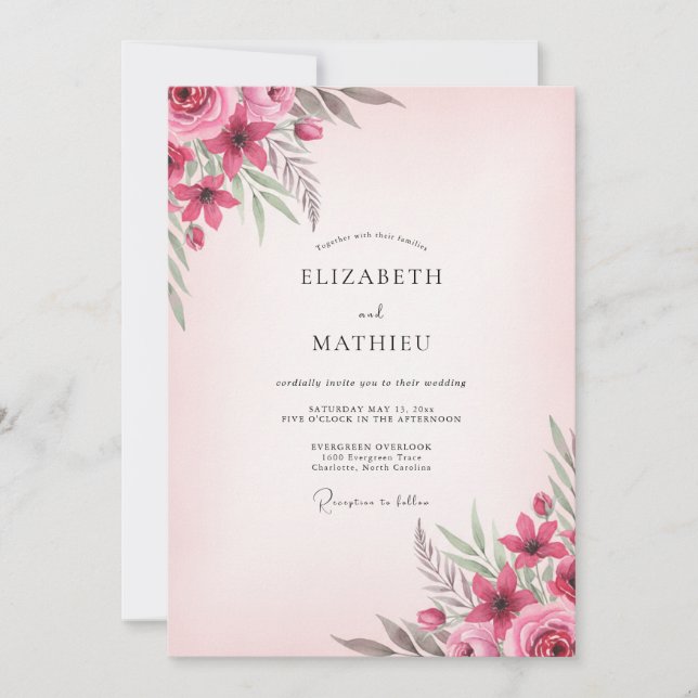 Convites Casamento de Peônia Raspberry Blush (Frente)