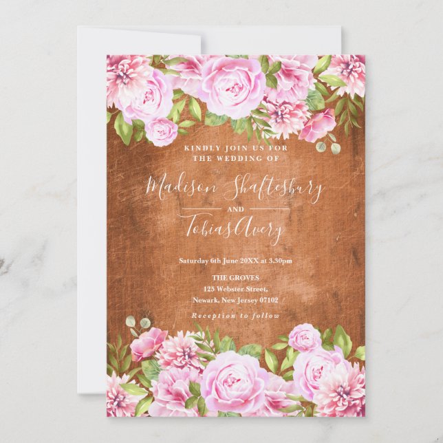 Convites Casamento de Peônia Rosa Bege com Vegetação Rústic (Frente)
