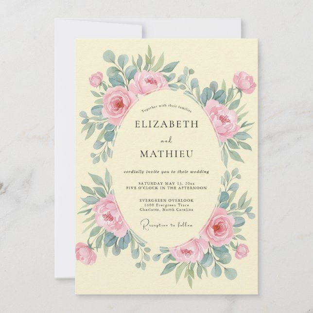Convites Casamento de Peônia Rosa Cremosa (Frente)