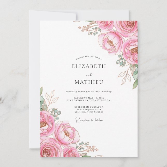 Convites Casamento de Peônia Rosa Elegante (Frente)