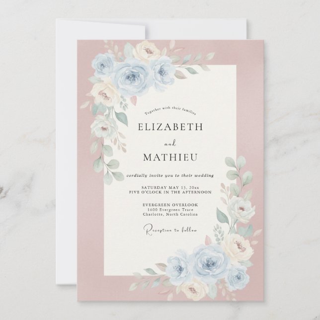 Convites Casamento de Peônia Rosa Empoeirada (Frente)