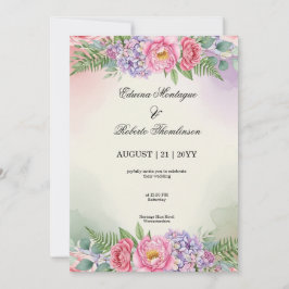Convites Casamento de Peônia Rosa Hidrangeia Roxa em Aquare