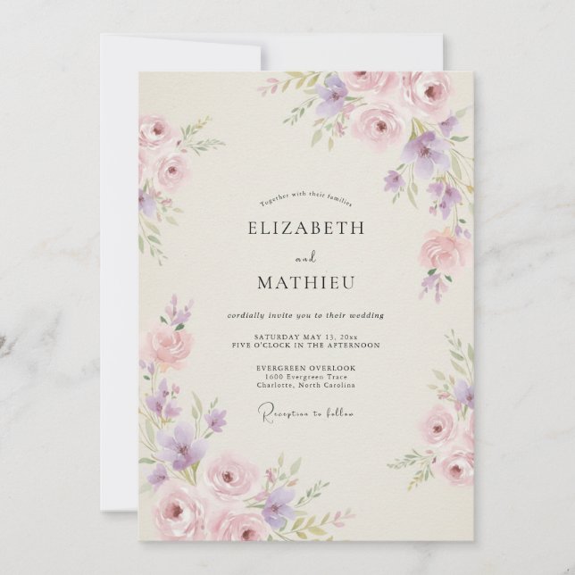 Convites Casamento de Peônia Rosa Lilás (Frente)
