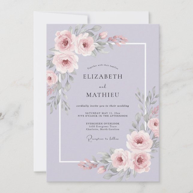 Convites Casamento de Peônia Rosa Lilás (Frente)