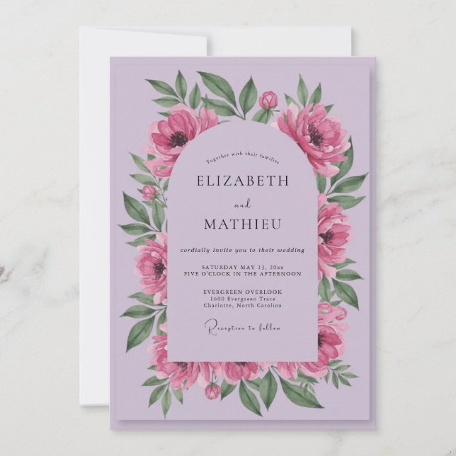 Convites Casamento de Peônia Rosa Lilás (Frente)