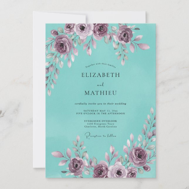 Convites Casamento de Peônia Rosa Malva Aqua (Frente)