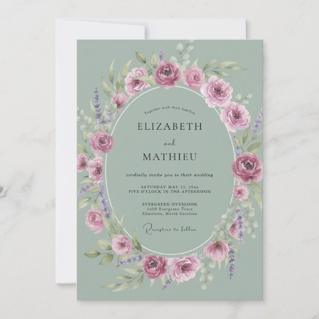 Convites Casamento de Peônia Rosa Malva Celadon Soft (Frente)