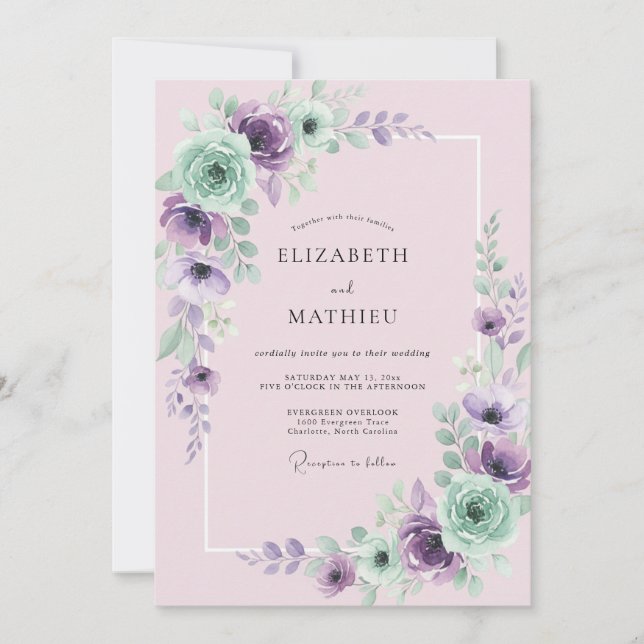 Convites Casamento de Peônia Rosa-Malva e Hortelã (Frente)