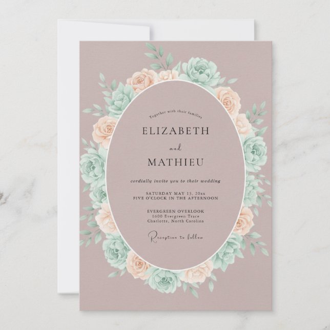Convites Casamento de Peônia Rosa-Mint Empoeirado (Frente)