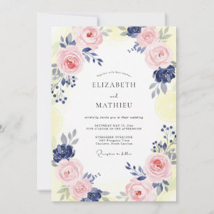 Convites Casamento de Peônia Rosa Pálido Marinho