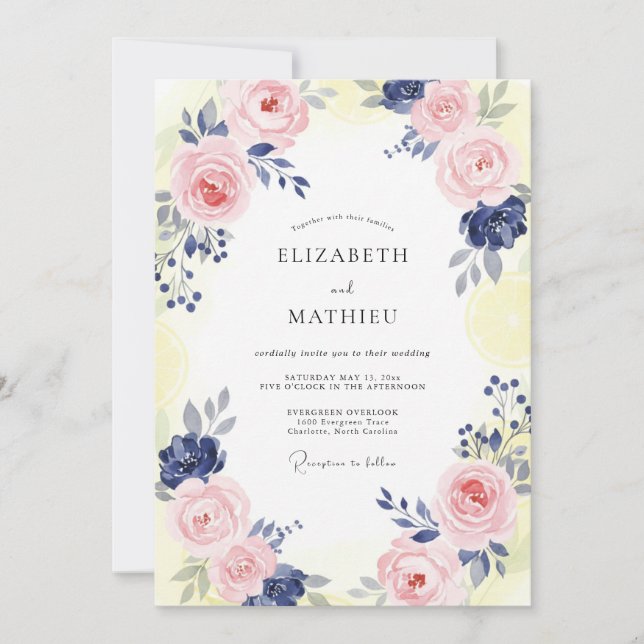 Convites Casamento de Peônia Rosa Pálido Marinho (Frente)