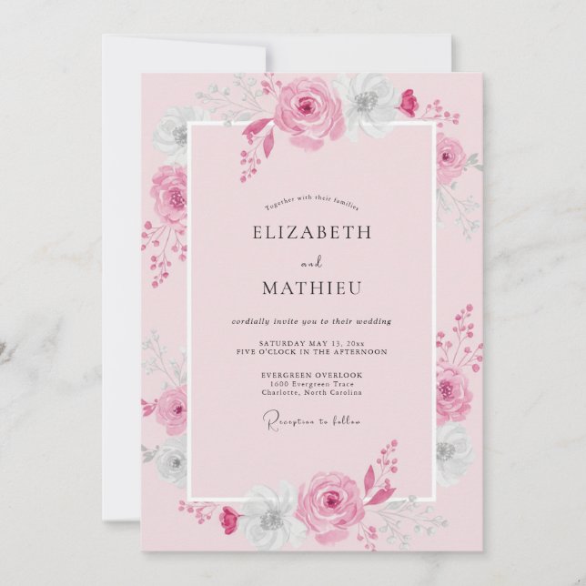 Convites Casamento de Peônia Rosa Pastel (Frente)