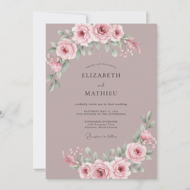 Convites Casamento de Peônia Rosa Poeira Macia (Frente)