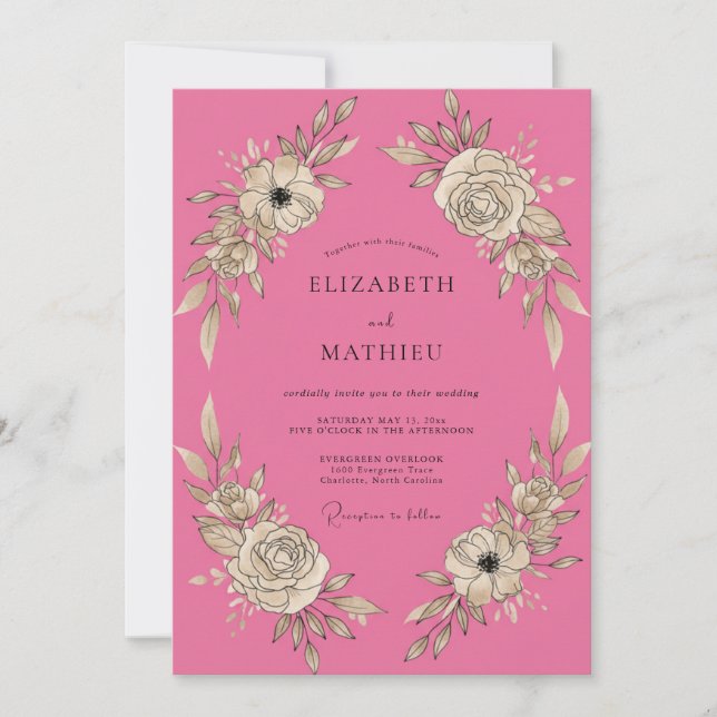 Convites Casamento de Peônia Rosa Quente (Frente)