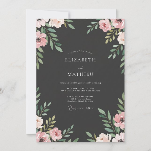 Convites Casamento de Peônia Rosa Slate Blush (Frente)