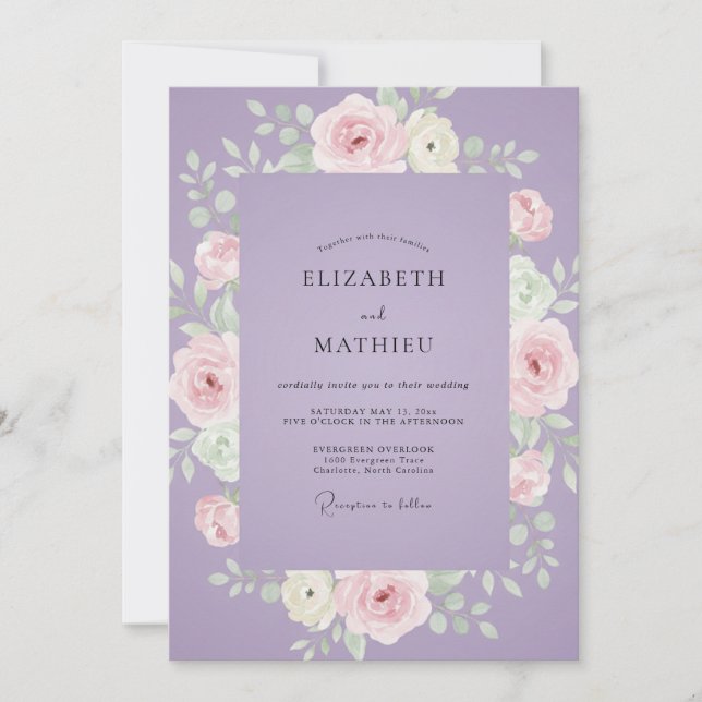Convites Casamento de Peônia Rosa Suave Lilás (Frente)