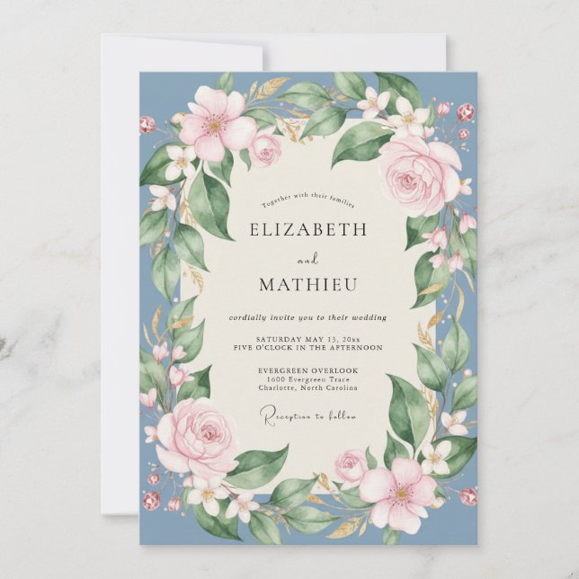Convites Casamento de Peônia Rosa Suave Slate (Frente)