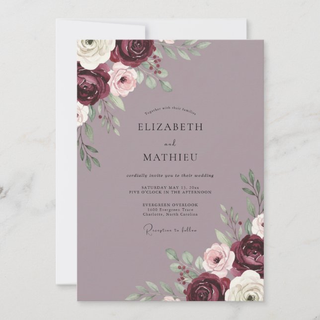 Convites Casamento de Peônia Roxa-Malva (Frente)