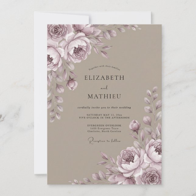 Convites Casamento de Peônia Taupe Rosa Malva (Frente)
