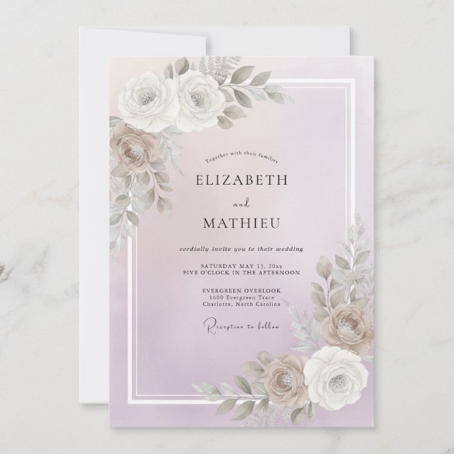 Convites Casamento de Peônia Taupe Rosa Suave (Frente)