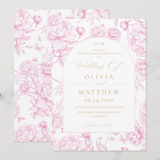 Convites Casamento de Peônia Toile Francesa  (Frente/Verso)