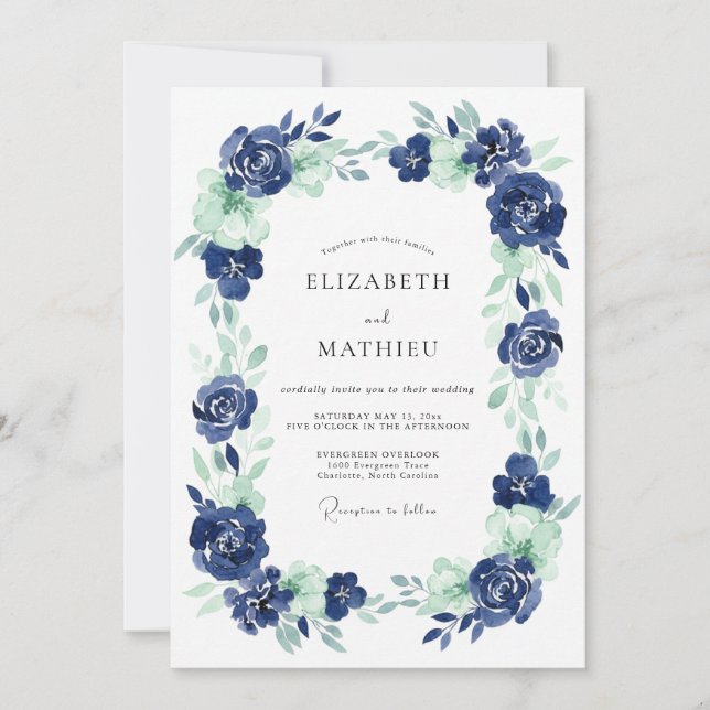 Convites Casamento de Peônia Verde-Mint Índigo (Frente)