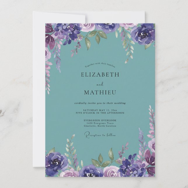 Convites Casamento de Peônia Violeta Aqua (Frente)