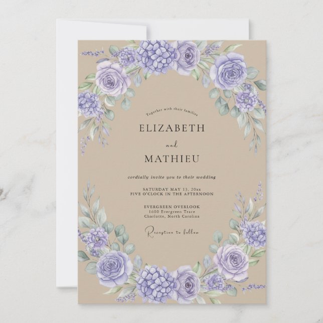 Convites Casamento de Peônia Violeta Bege (Frente)