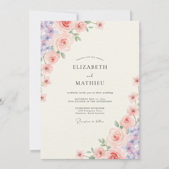 Convites Casamento de Peônia Violeta Blush (Frente)