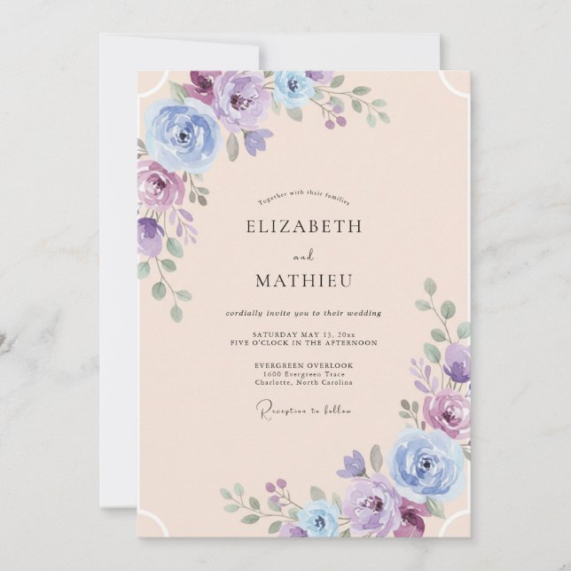 Convites Casamento de Peônia Violeta Champagne (Frente)