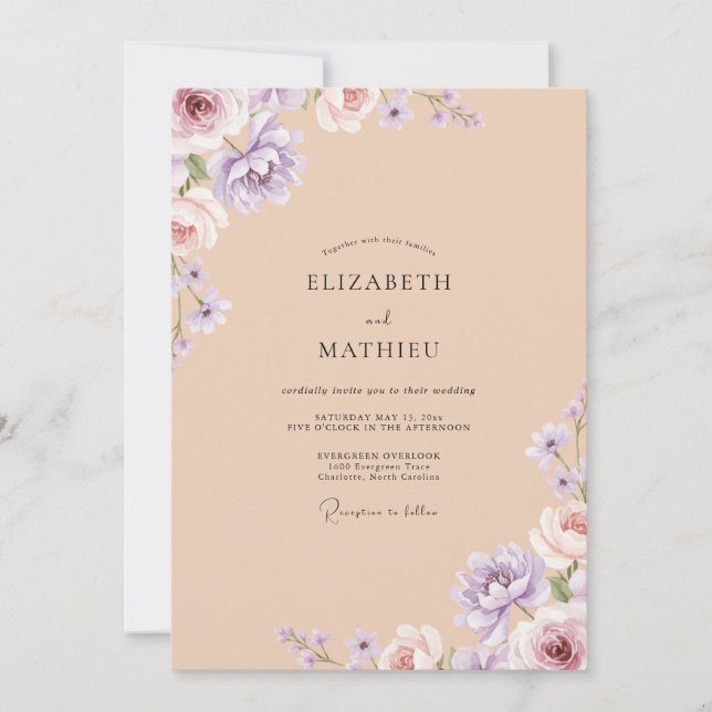 Convites Casamento de Peônia Violeta Champagne Dourado (Frente)
