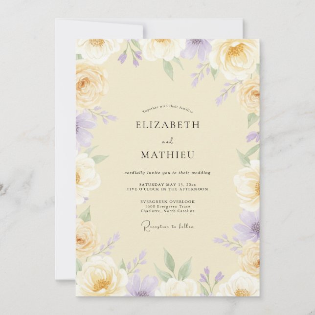 Convites Casamento de Peônia Violeta Creme (Frente)