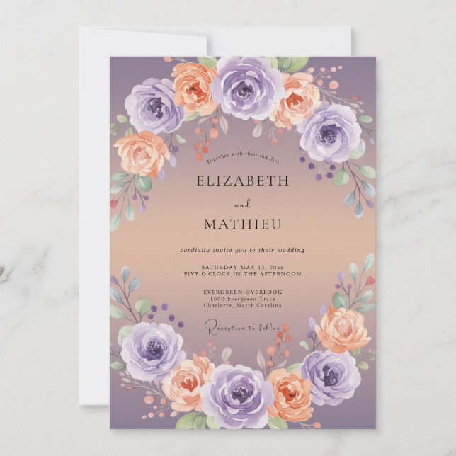 Convites Casamento de Peônia Violeta Damasco (Frente)