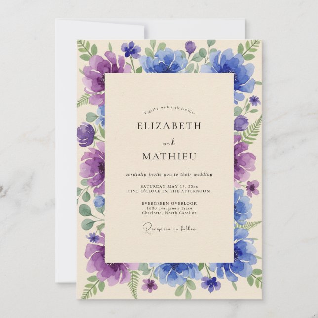 Convites Casamento de Peônia Violeta Índigo (Frente)
