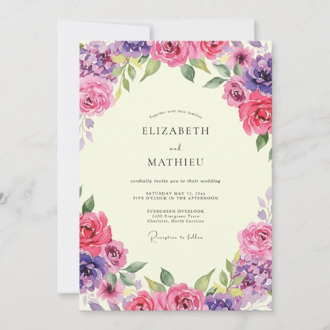 Convites Casamento de Peônia Violeta Magenta (Frente)