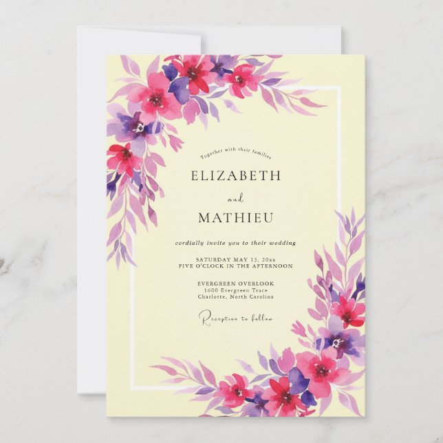Convites Casamento de Peônia Violeta Magenta Etéreo (Frente)
