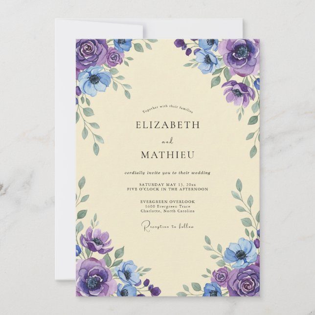 Convites Casamento de Peônia Violeta Periwinkle (Frente)