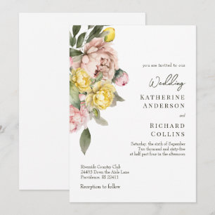 Convites Casamento de Peônias Amarelas e Rosas com Aquarela