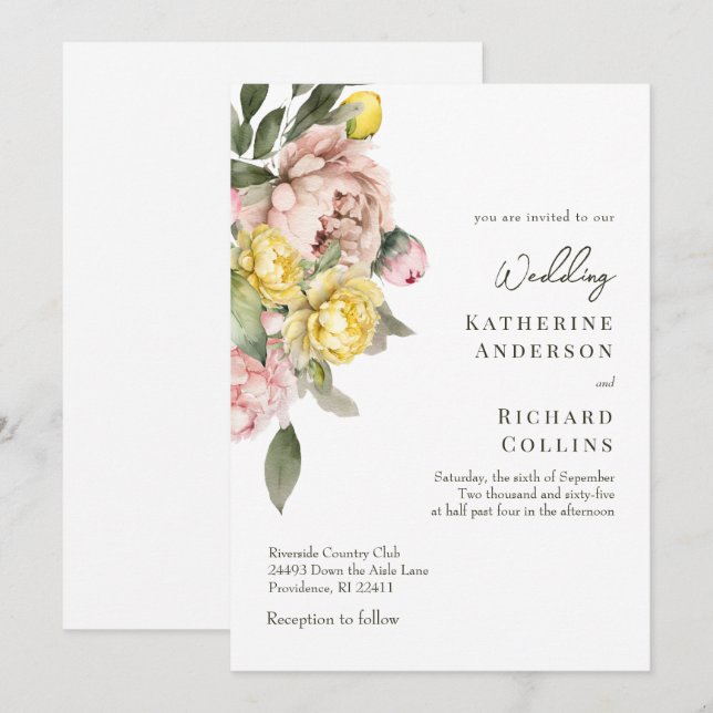 Convites Casamento de Peônias Amarelas e Rosas com Aquarela (Frente/Verso)