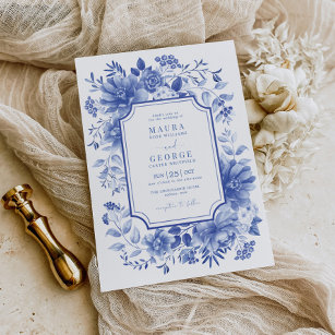 Convites Casamento de Peônias Botânicas de Porcelana Azul C