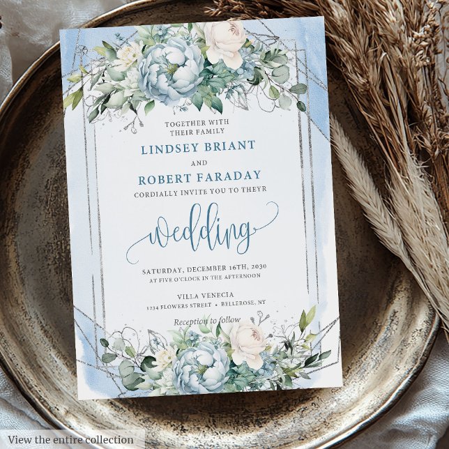 Convites Casamento de Pêonias Brancas de Silva Azul Elegant (Elegant Dusty Blue White Silver Peonies Wedding Invitation)