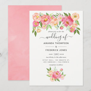 Convites Casamento de Peônias em Aquarela Rosa Pastel