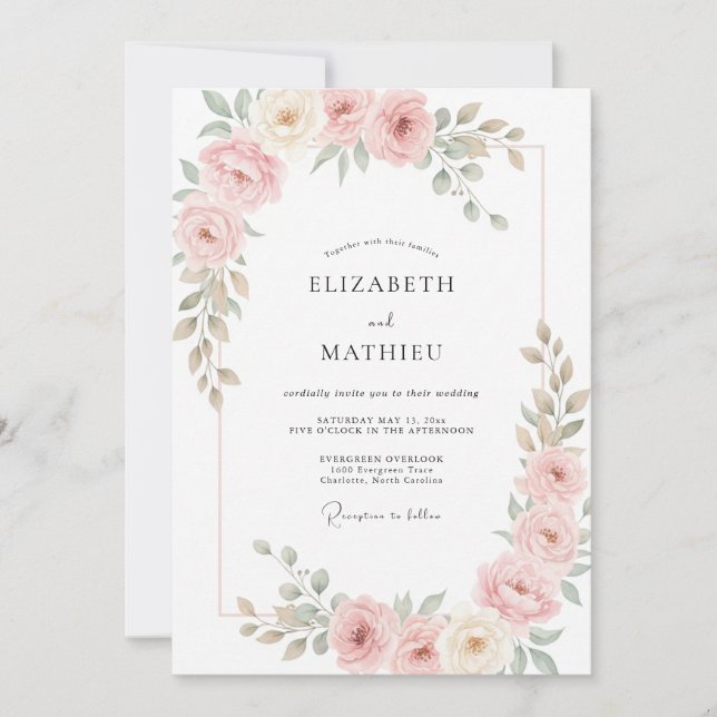 Convites Casamento de Peônias Eucalipto Creme Rosado (Frente)