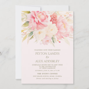 Convites Casamento de Peônias Florais em Aquarela Pink Ivor