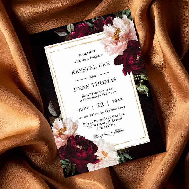 Convites Casamento de Peônias Florais Preto Temperamental B (Criador carregado)