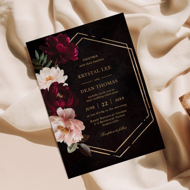 Convites Casamento de Peônias Florais Rosa Bege Borgonha Te (Criador carregado)
