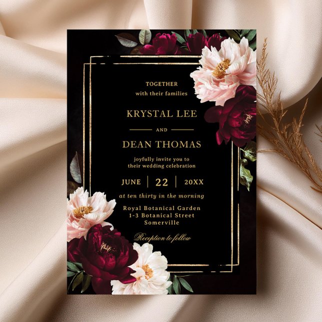 Convites Casamento de Peônias Florais Vermelho Burgundy Mal (Criador carregado)