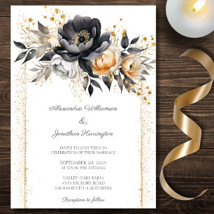Convites Casamento de Peônias Preto e Dourado
