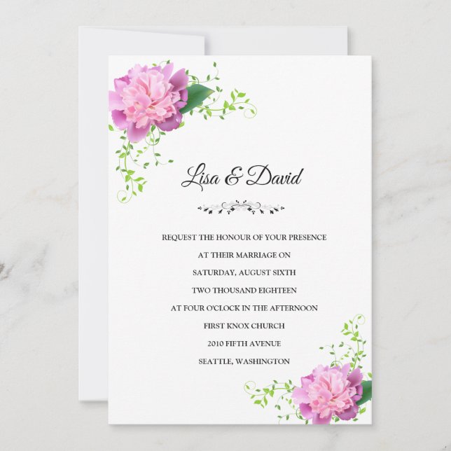 Convites Casamento de Peônias Rosa-Convidado (Frente)